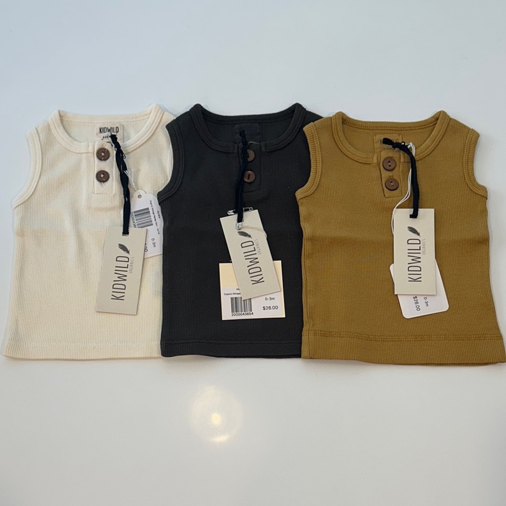 Kid Wild Organics Baby 0-3M Ribbed Henley Tank Top 3 Pack Vanilla Charcoal Gold